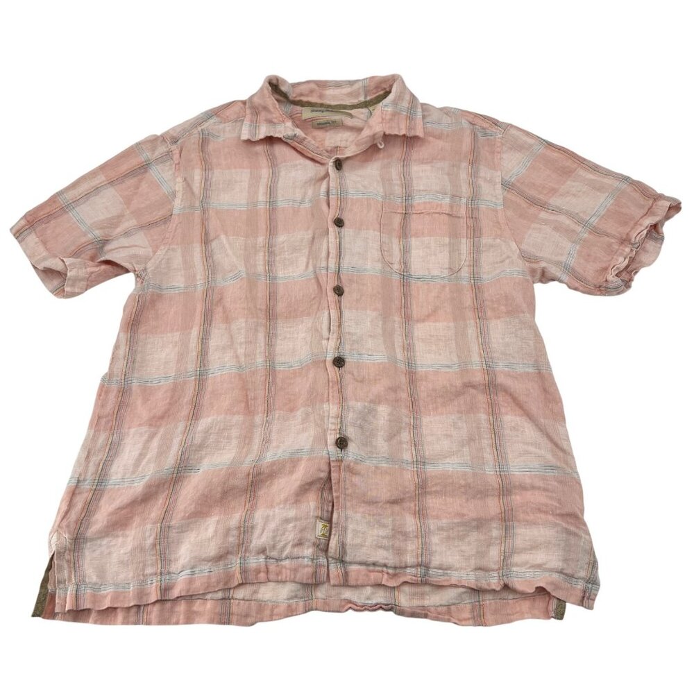 Tommy‎ Bahama Men's Peach Plaid Linen Button-Up Shirt size Large Original Fit